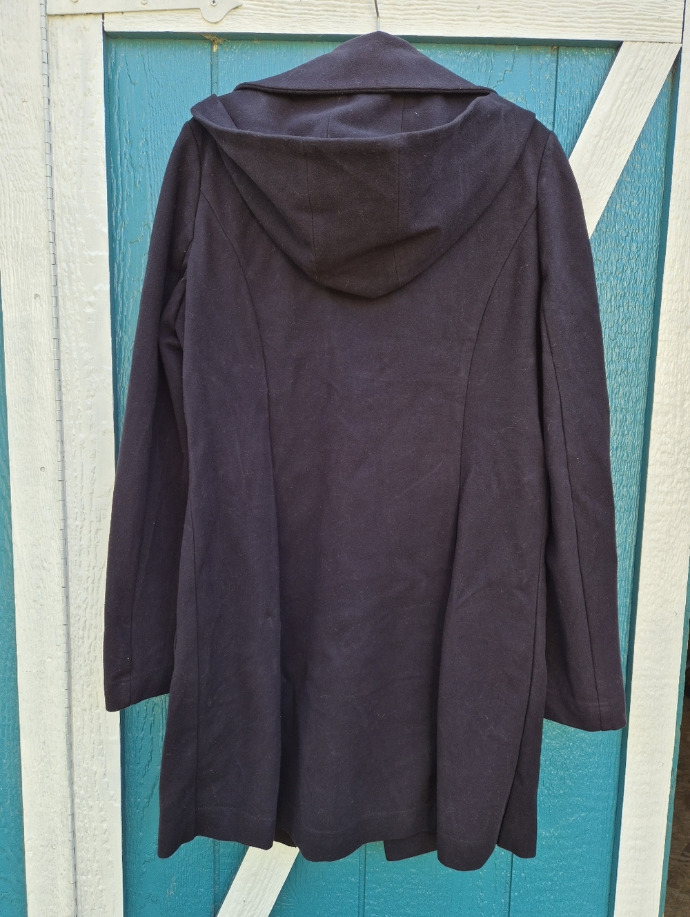 Betabrand Black Hooded Coat Women’s Large Asymmetrical Snap Front Stretch Jacket - Picture 3 of 5